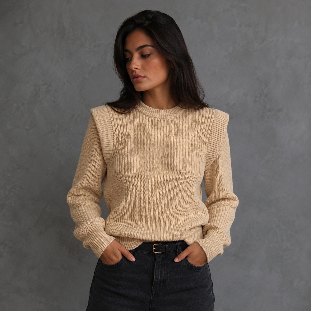 Aqua Womens Tan Beige Cotton Shaker Knit Crew Neck Structured Shoulder Sweater S